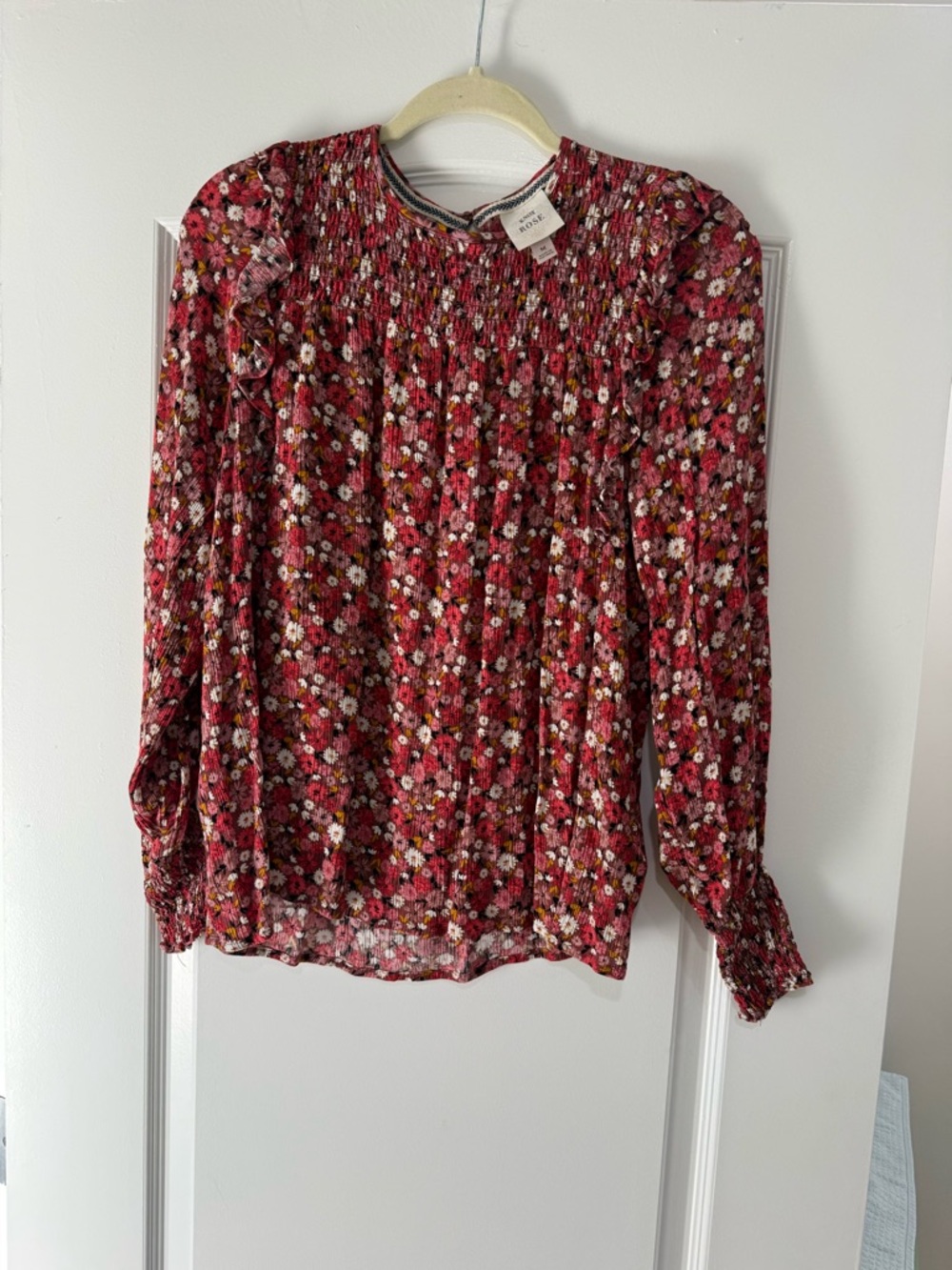 Knox Rose Red Floral Smocked Long-Sleeve Blouse